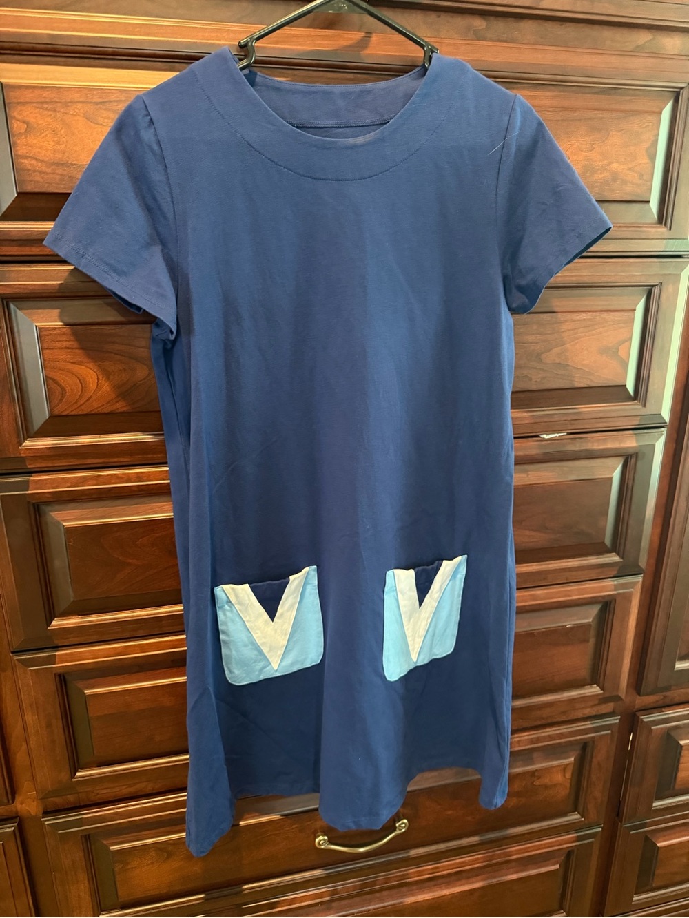 Duffield Lane Navy Blue Short Sleeve Dress with Light Blue Patch Pockets